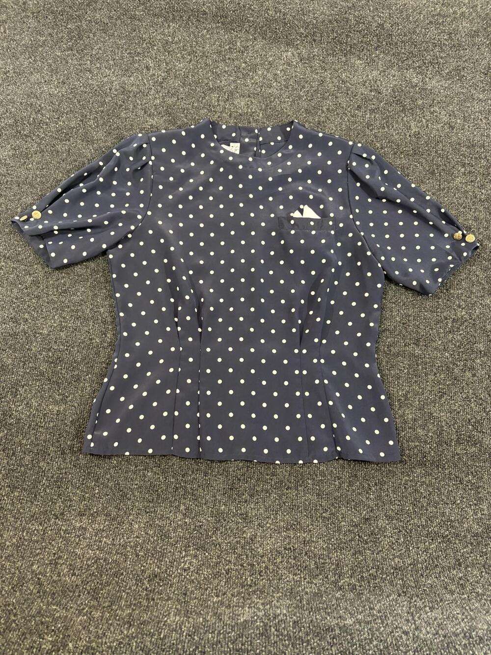 Vintage SK & Company Blouse Womens 10 Blue Polka Dot Puff Sleeve Button Back